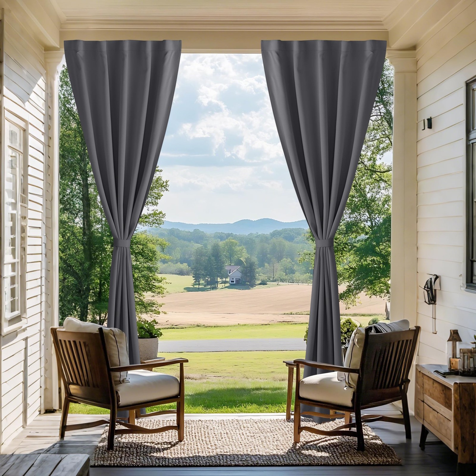 2 Panels Outdoor Curtains for Patio, Adhesive Strip Top No Rods Needed, Back …