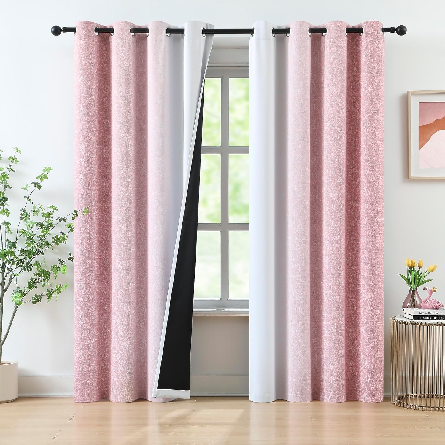 Pink and Grey Blackout Curtains 84 Inch Length,Ombre Full Room Darkening Window