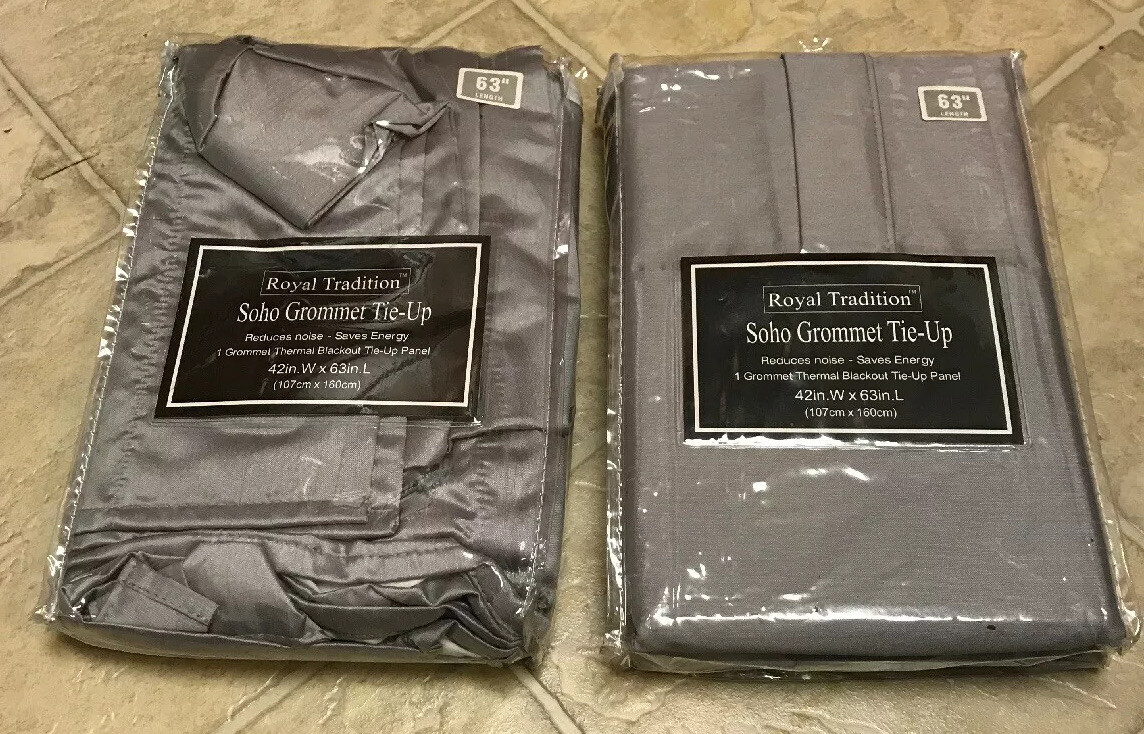 (2) Royal Tradition Soho Grommet Tie-Up Thermal Blackout Panel Silver 42×63 NEW