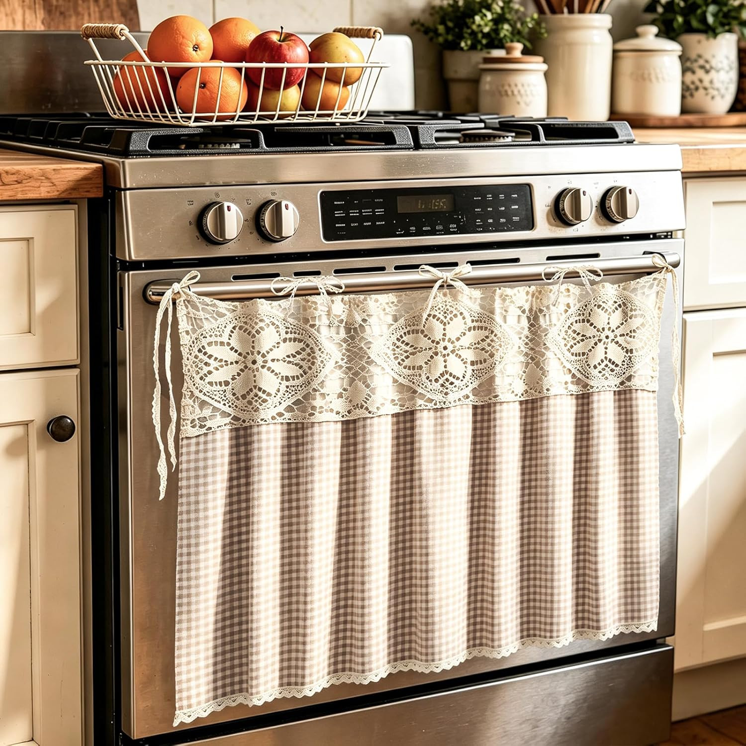 JarThenaAMCS Brown Check Oven Skirt Brown White Plaid Gingham Oven Curtain Rusti