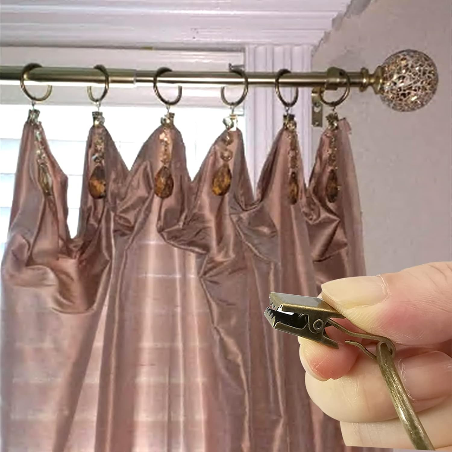 100 Pack Bronze Curtain Rings with Clips, Curtain Hooks Hangers Clip Rings for H