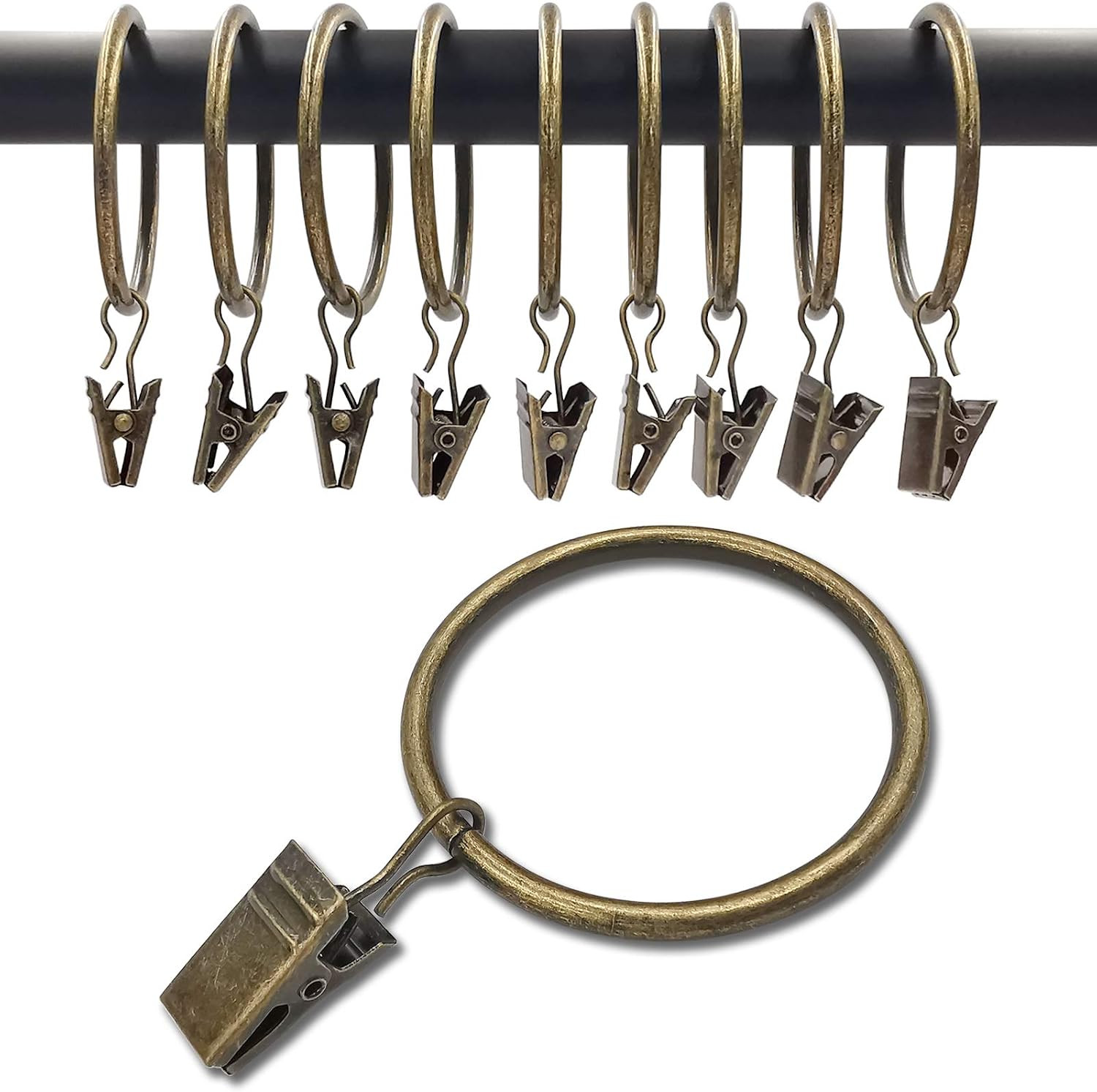 100 Pack Bronze Curtain Rings with Clips, Curtain Hooks Hangers Clip Rings for H