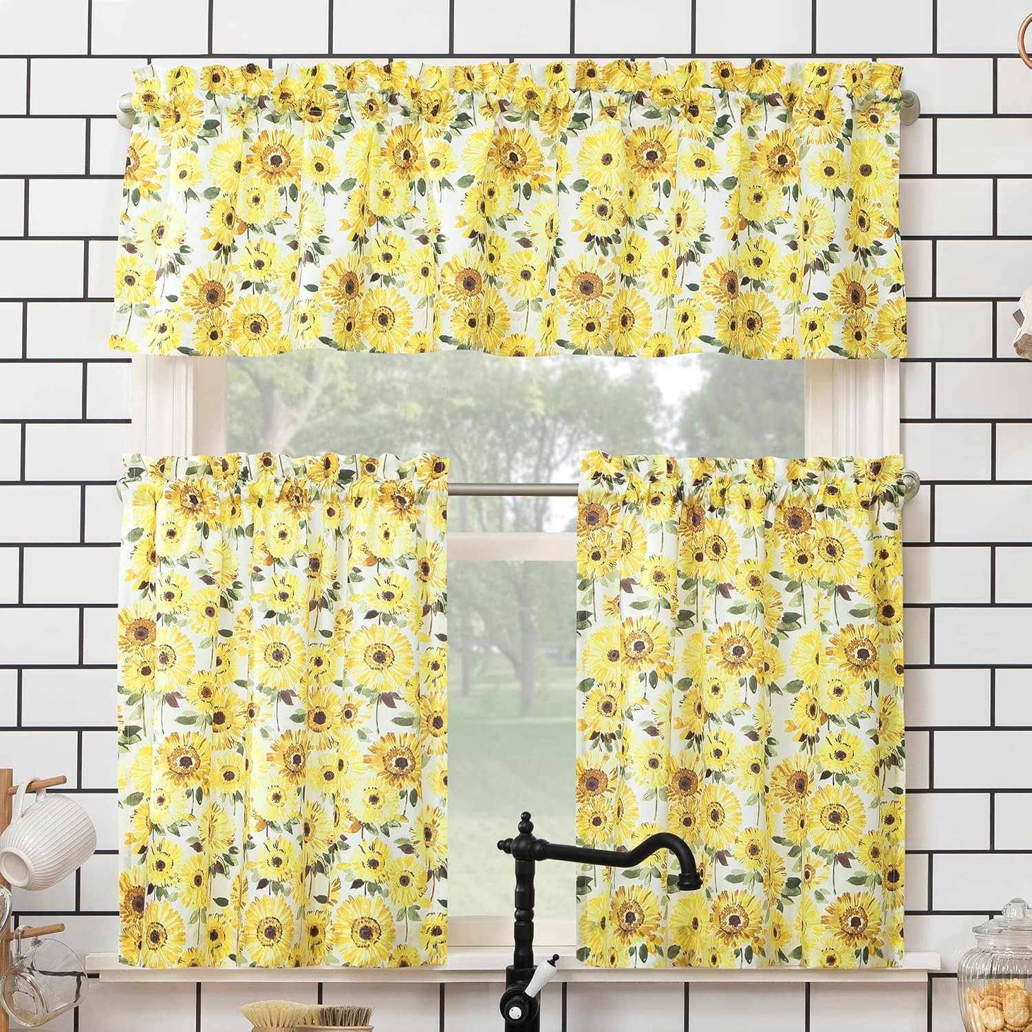 Sunbeam Sunflower Print Semi-Sheer Rod Pocket Kitchen Curtain Valance and Tiers