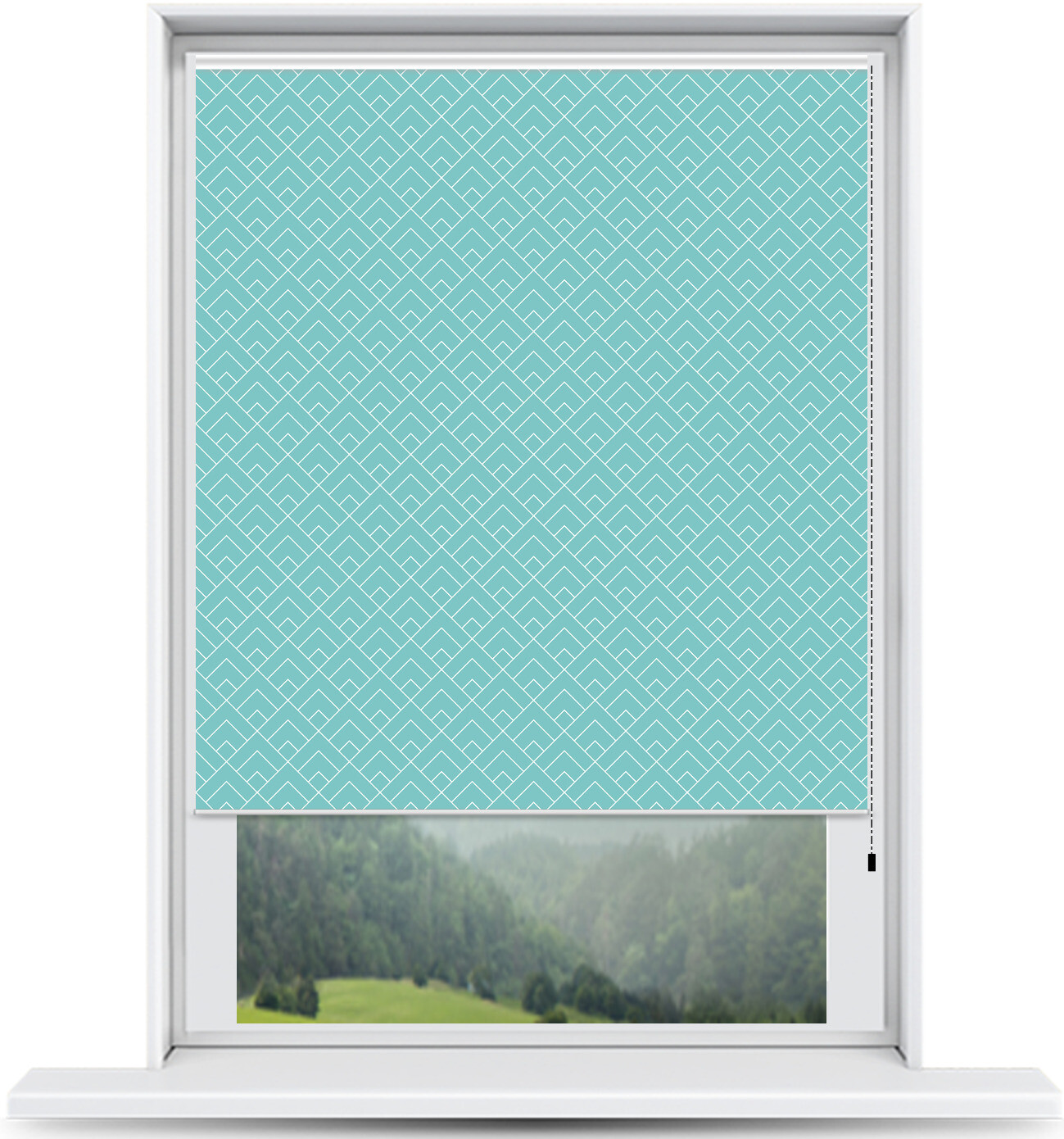 ArtToFrames Custom Window Shade – Blackout Peaks Modern Aqua Design Reversed Rol