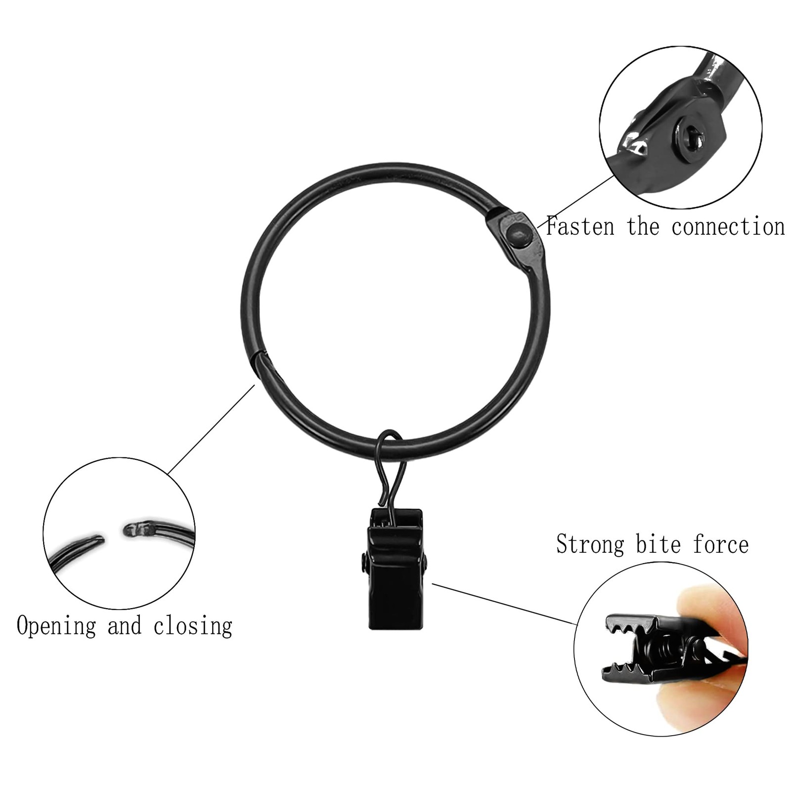 Black Curtain Rings with Clips 2 Inch, 18 Pack 2″ Metal Openable