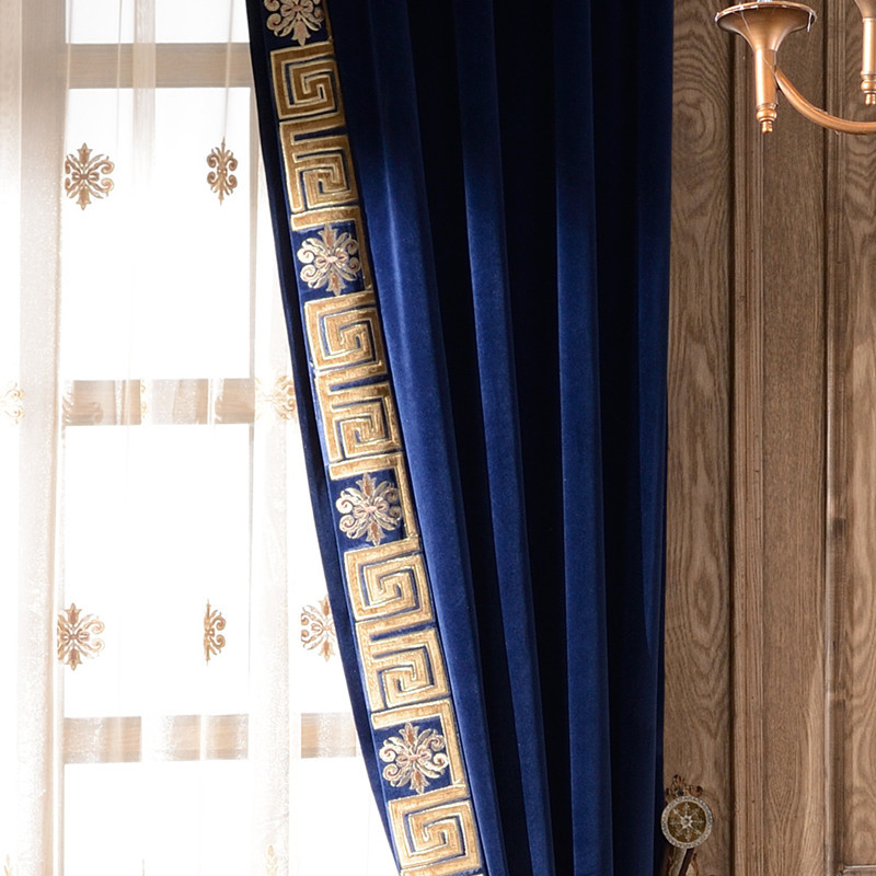 Luxury European American thick flannel embroidery blue cloth curtain tulle E989
