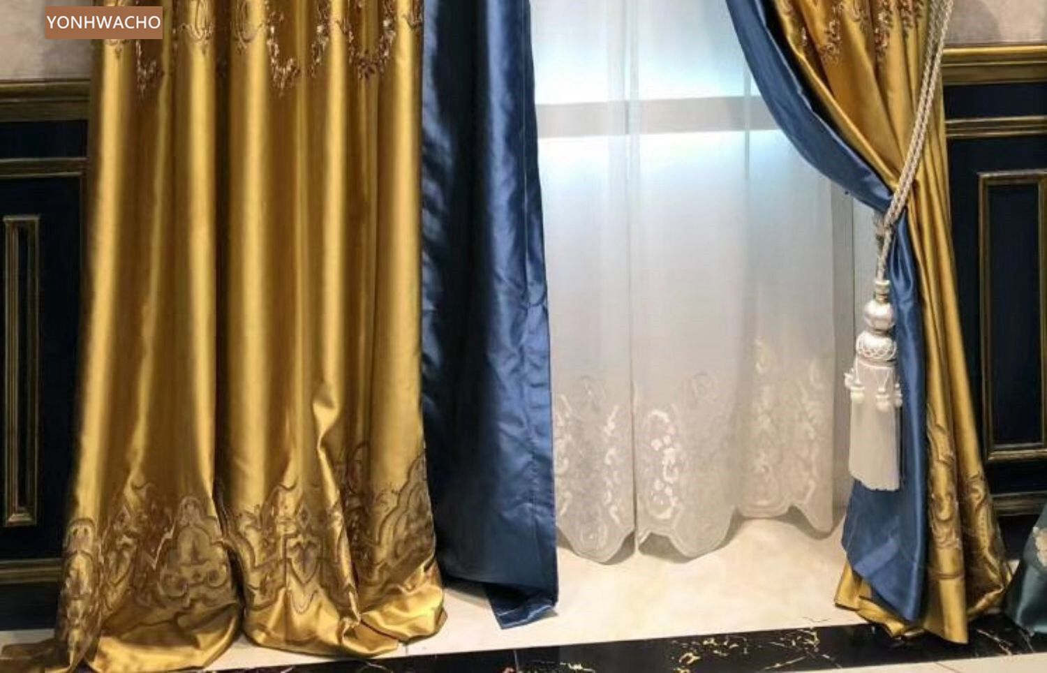high-precision embroidered blue gold cloth curtain valance tulle drapery C762*