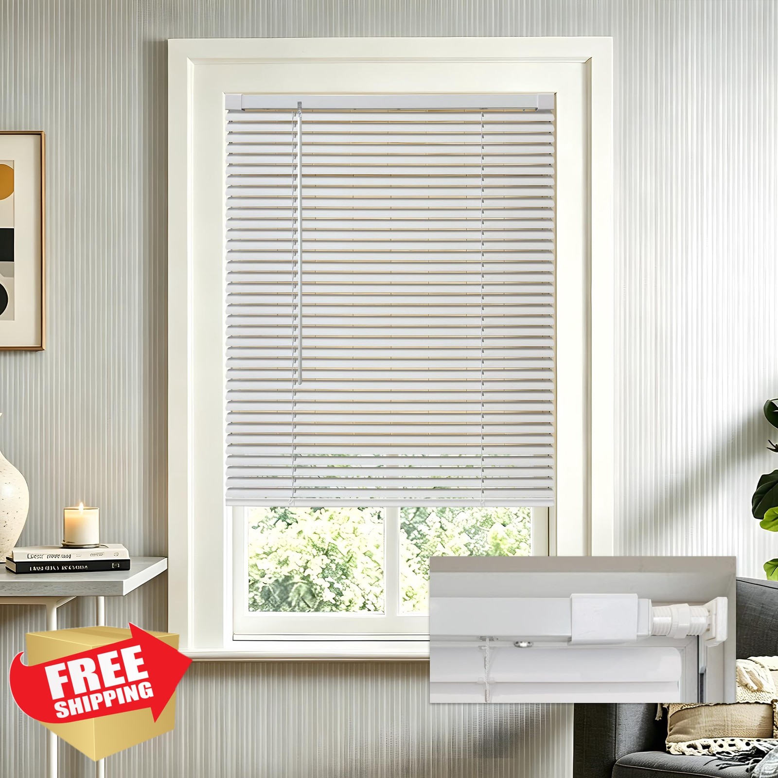 AURILOFT White 21.5″W x 36″H Cordless Mini Blinds