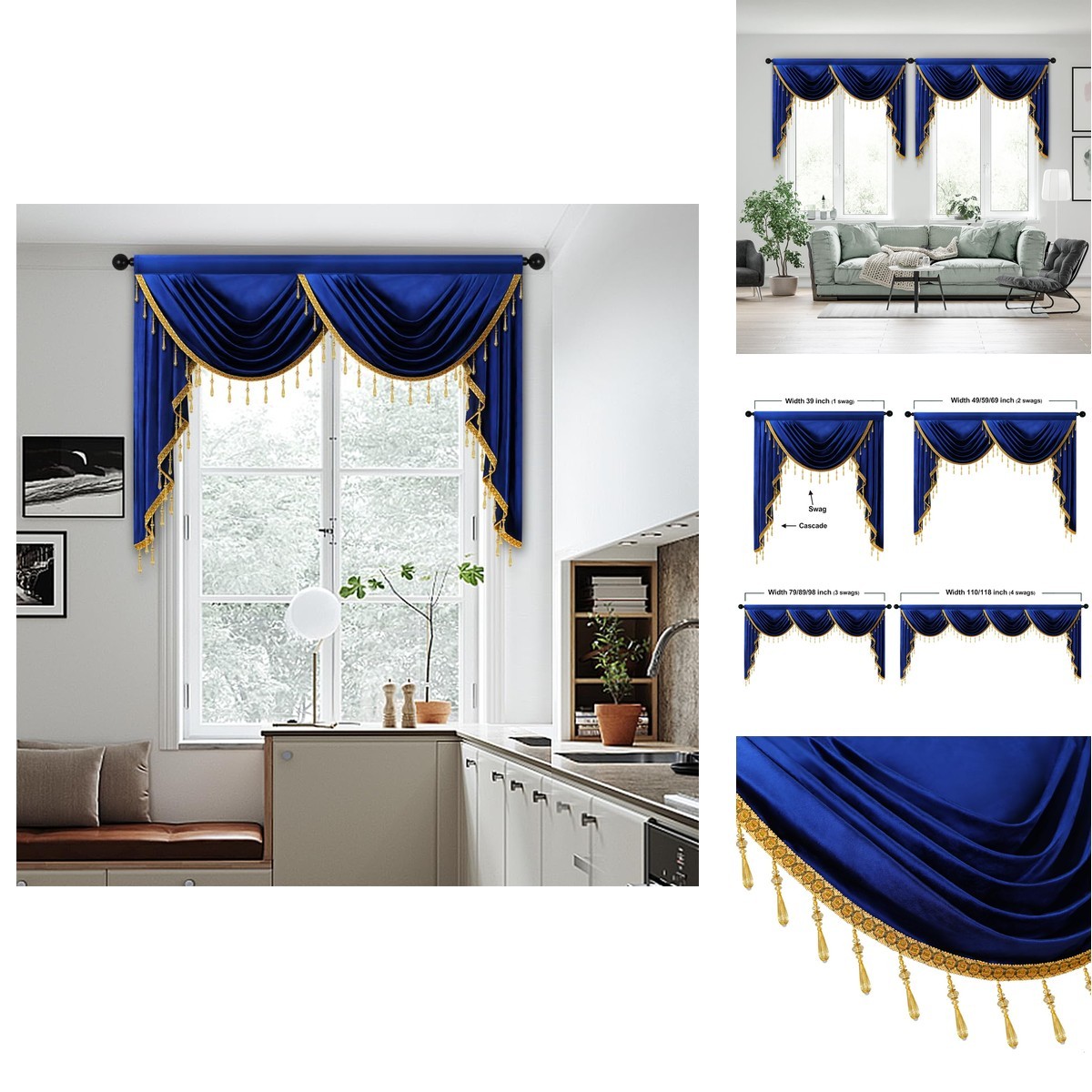 Elkca Luxury Royal Blue Velvet Curtain Valances For Living Room Beads59Inch1