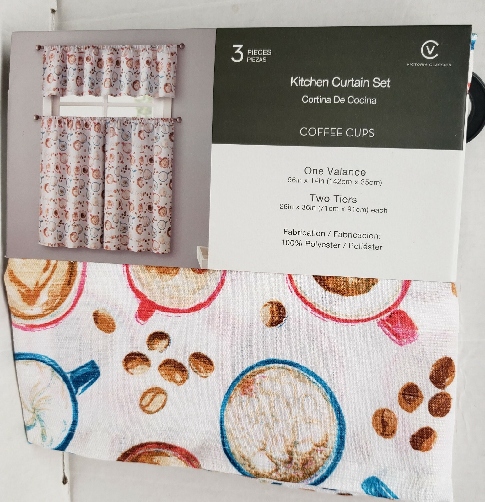 3 pc. Curtains Set: Valance (56″x14″) & 2 Tiers (28″x36″) COFFEE CUPS & BEANS,VC
