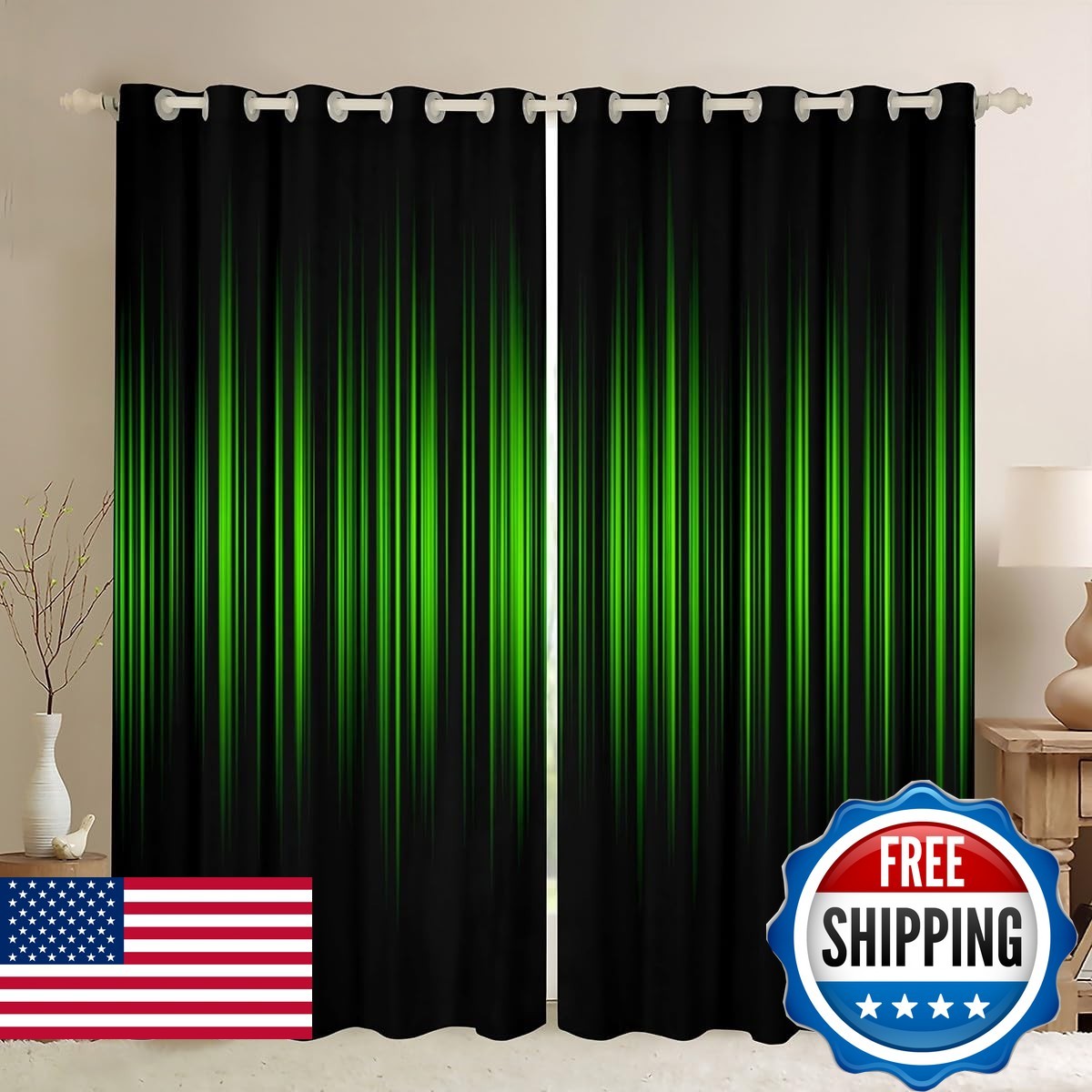 Feelyou Abstract Ombre Blackout Curtains Boys Green And Black Striped Window