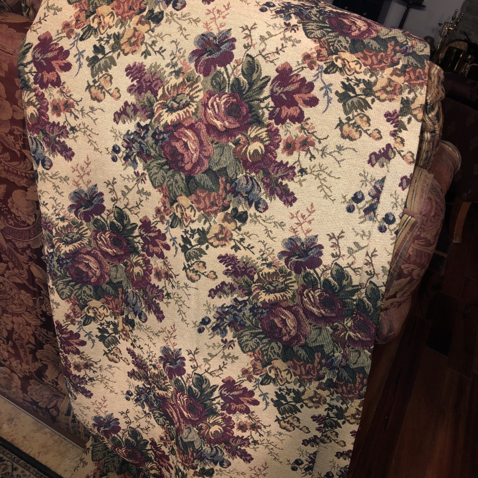 3 Pc Set Of Vintage Victorian 50 X 64Tapestry Floral Curtain Panels+Tuck Valance