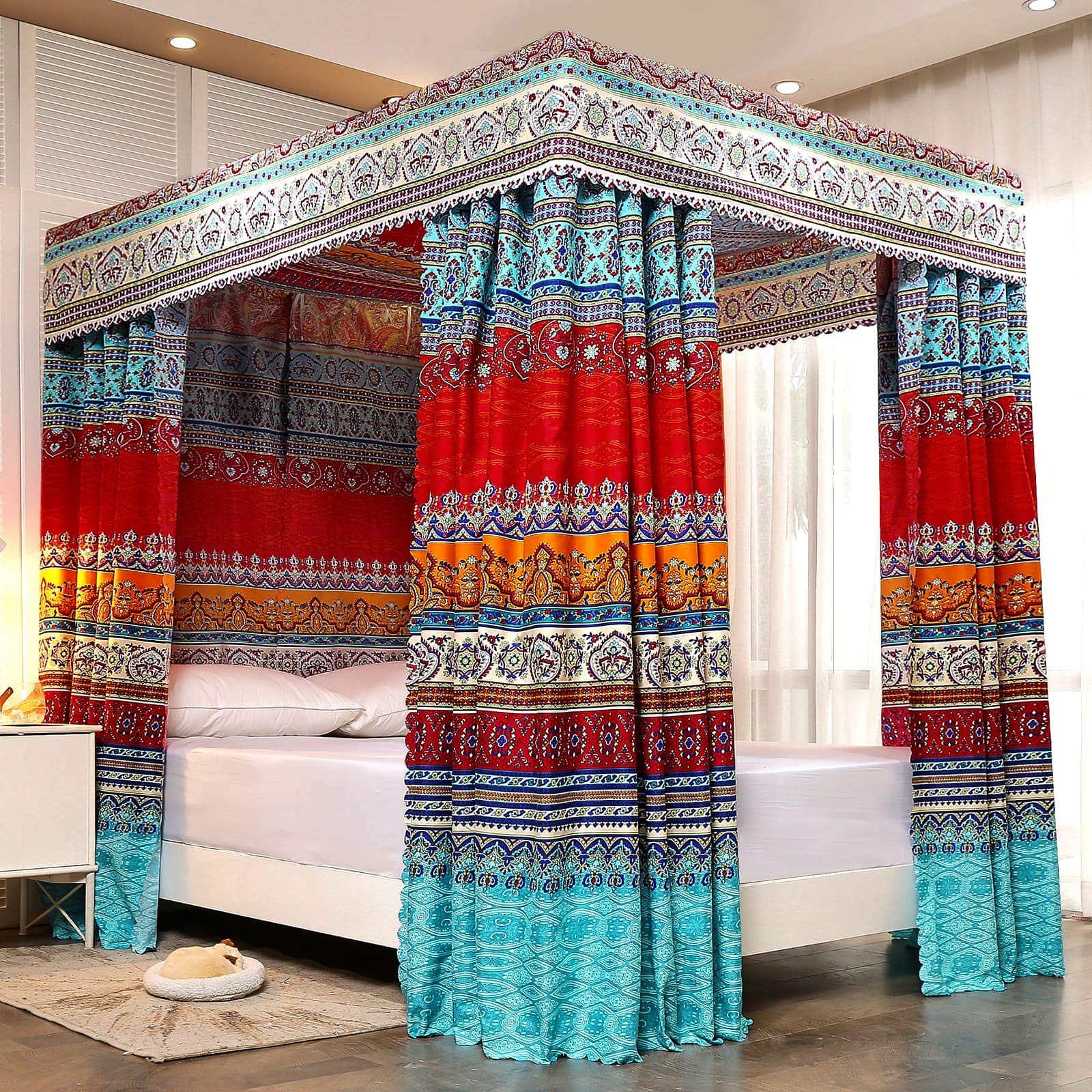 Pangzi Bohemian 4 Corner Post Bed Curtain Canopy Queen, Style-a