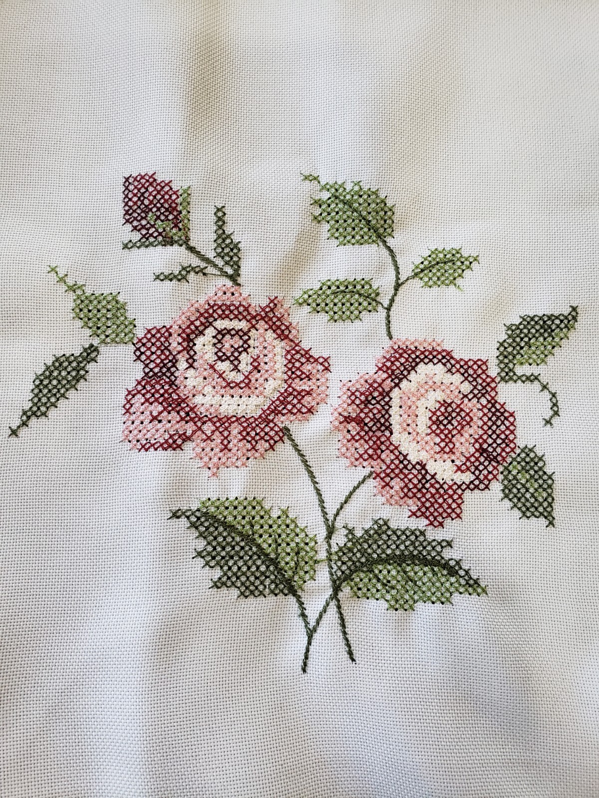 Vintage Embroidered Rose Floral White Window Valance Crochet Edge CottageCore