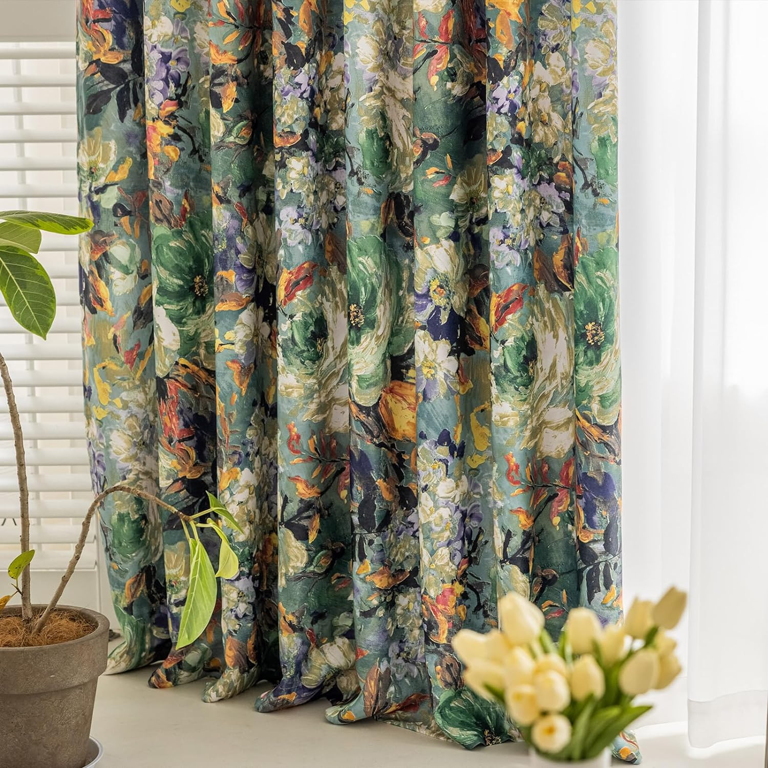 Floral Curtains for Bedroom Pattern Dark Green Vintage Painting Flower Blackout