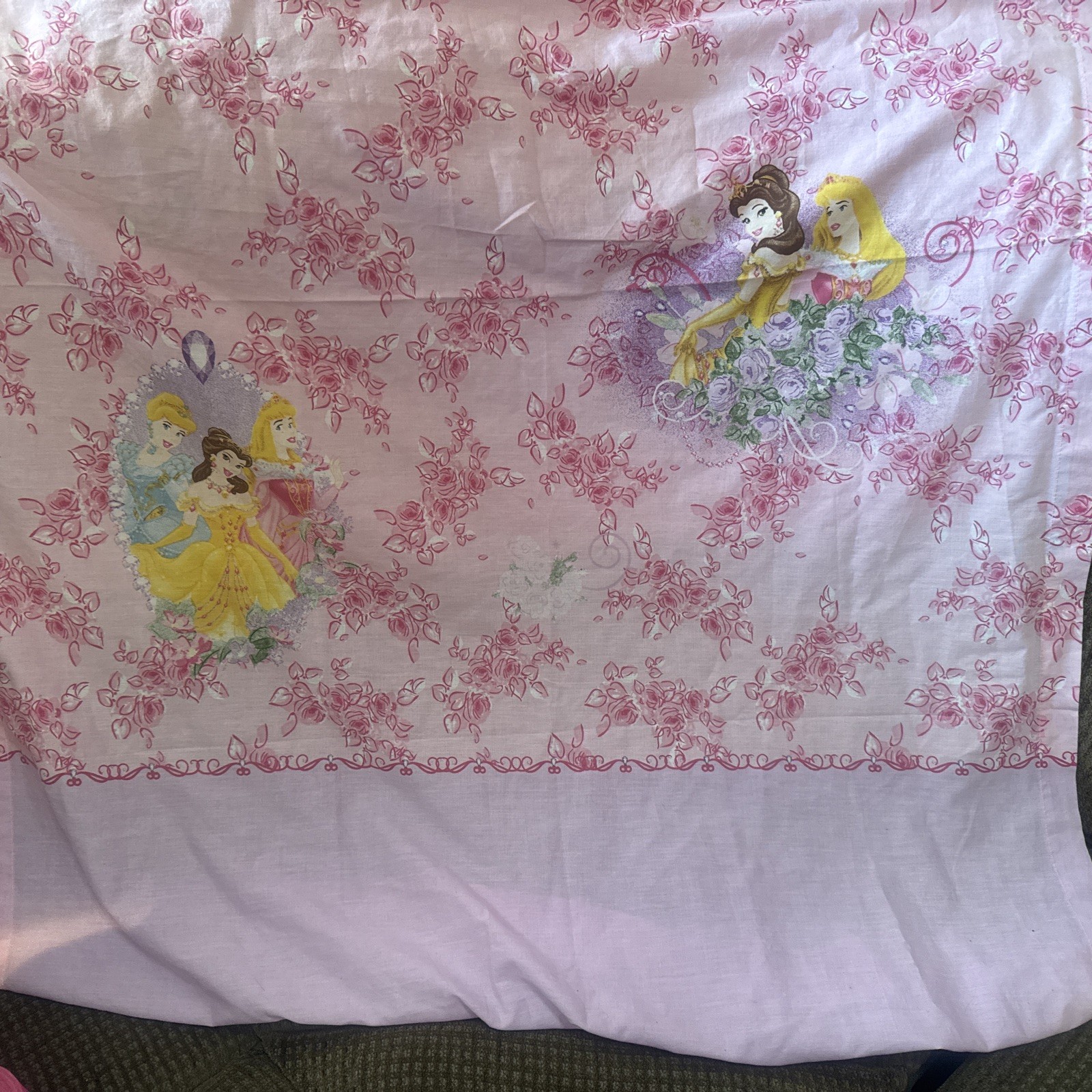 Vtg Disney Princess Cinderella Belle Aurora Curtain Panels 2 Set Pink Roses