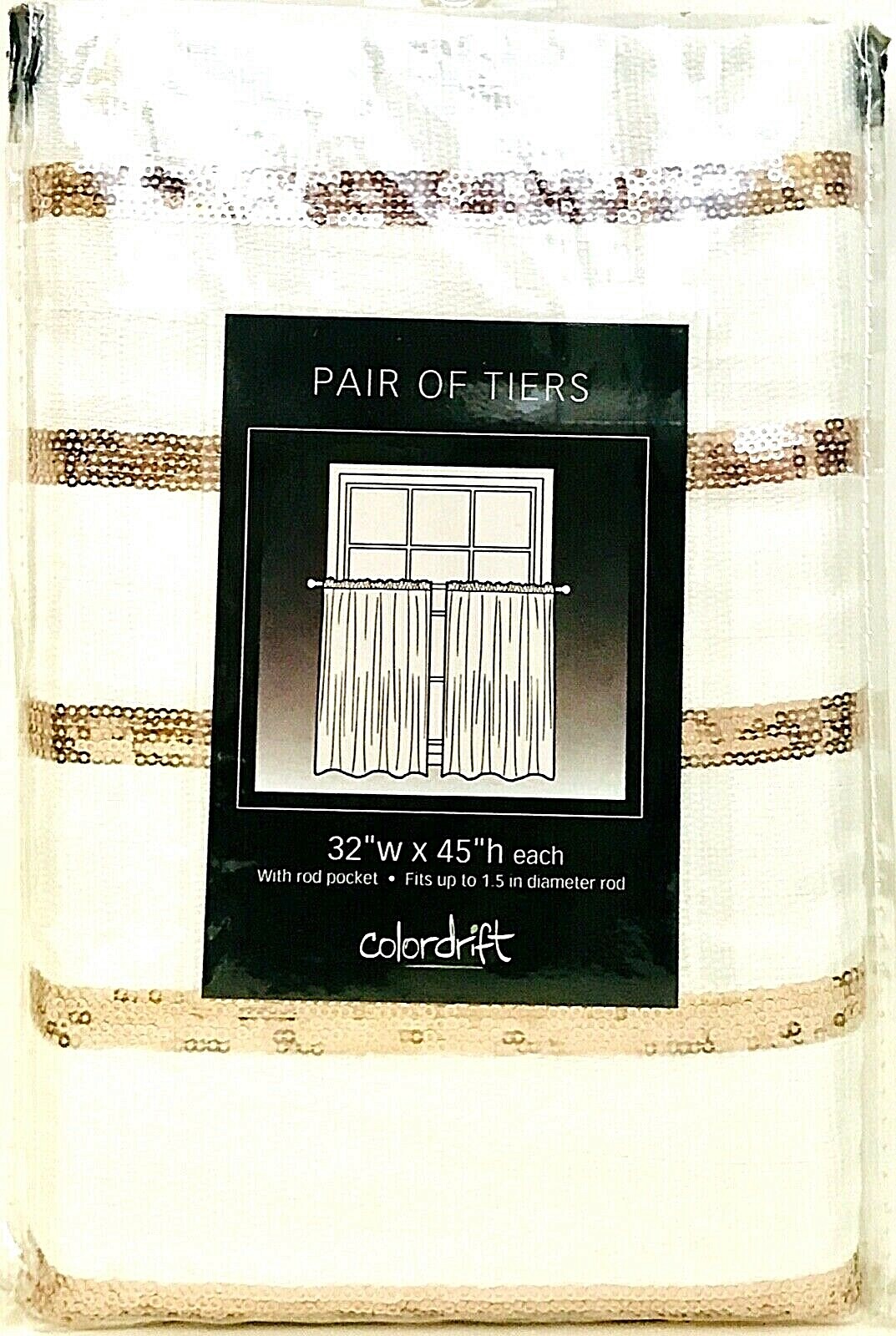 Colordrift Sequin Stripe 32″ W X 45″ H Each Rose Gold Tier Pair With Rod Pocket