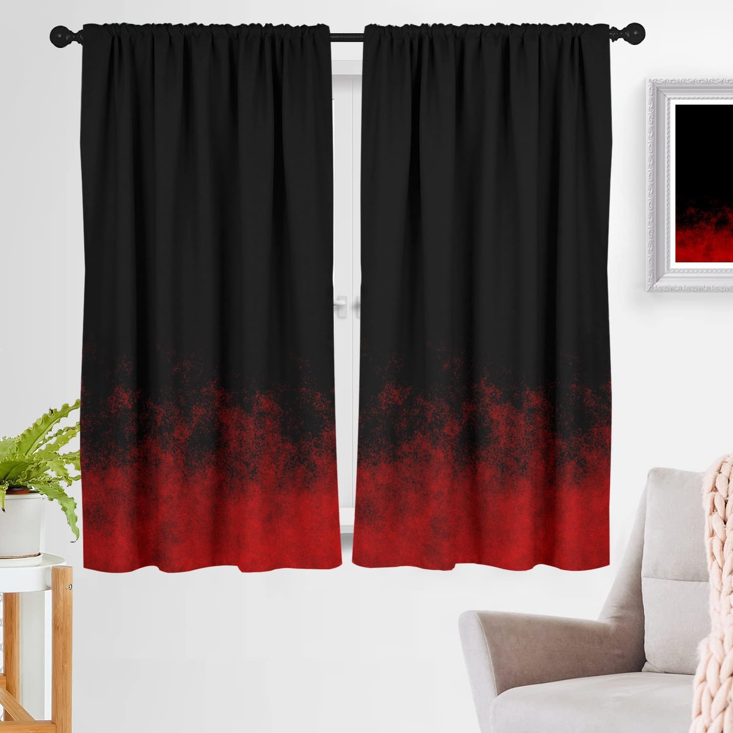 Red and Black Ombre Curtains, 42″ W X 63″ L Gothic Gaming Room Decor, Dark Aesth