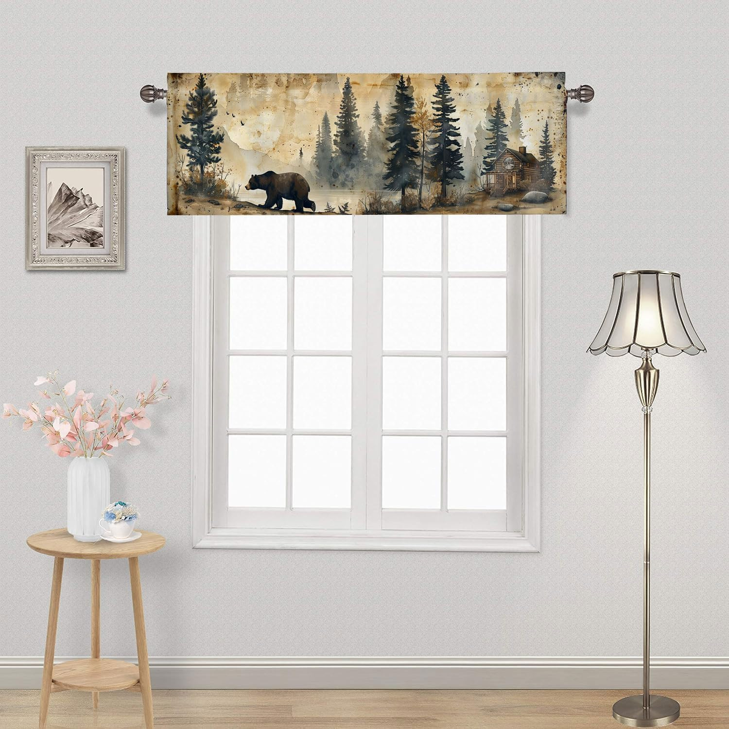 Rustic Cabin Bear Valance Curtains for Kitchen Farm Wildlife Vintage Camping Cou