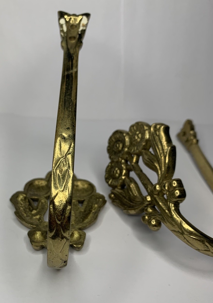 2 VTG Germany Cast Brass Floral Curtain Drapery Tiebacks Pole Holders Wall Hooks