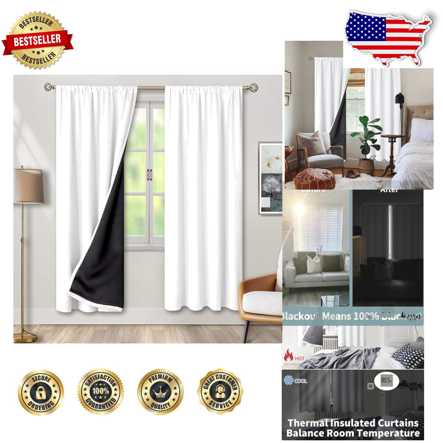 Bedroom Blackout Curtains 52×84″ 2 Panels, Noise Reducing, Thermal Insulation