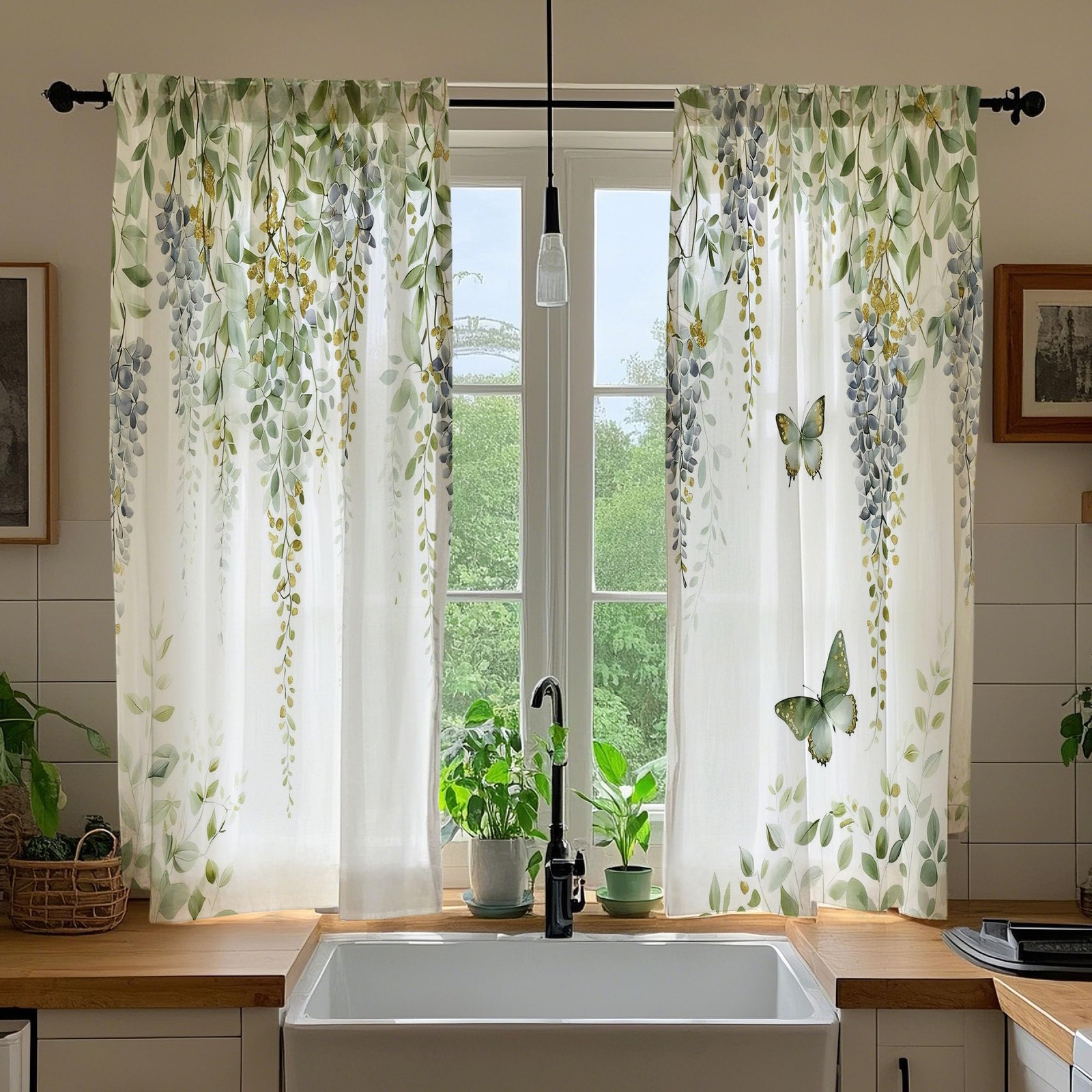 Green Gold Eucalyptus Leaves Kitchen Curtains 36 Inch 2 Panels Cafe Small Sho…