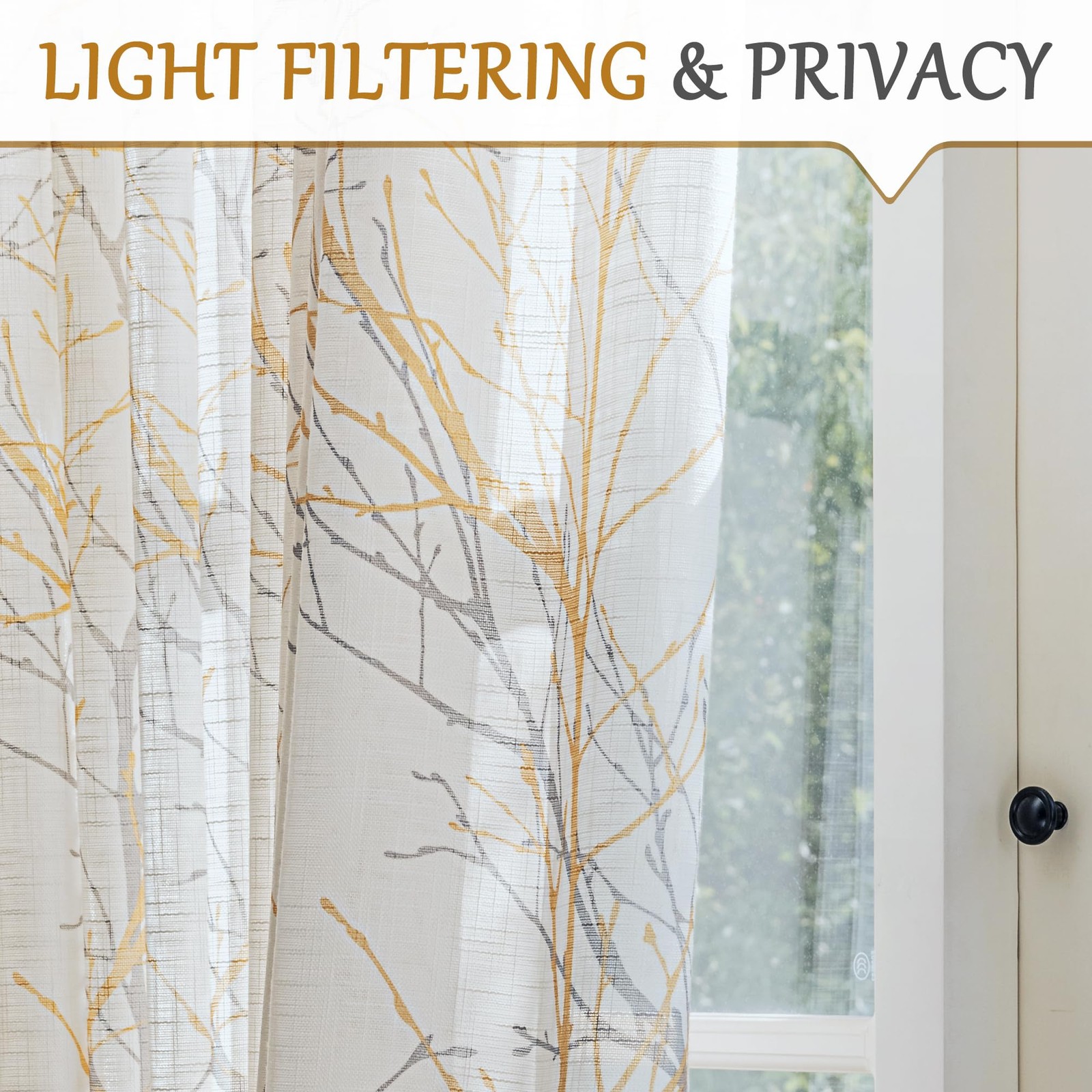 White Sheer Front Door Curtains for Glass 40 Inches Long Yellow Grey Print Br…