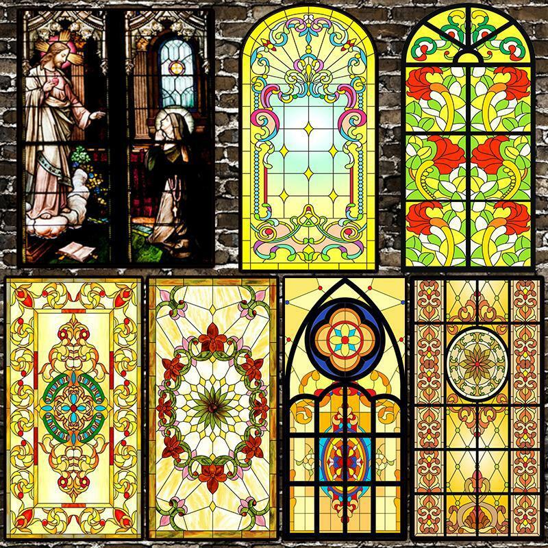 Privacy 3D Frosted Stained Retro Window Film Self-Adhesive Chapel Glass Sticker