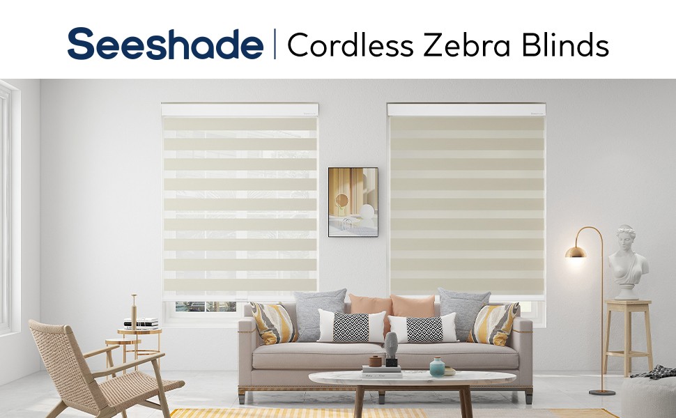 Cordless Zebra Blinds for Windows –(35″ W x 64″ H,White) Dual Layer Fabric