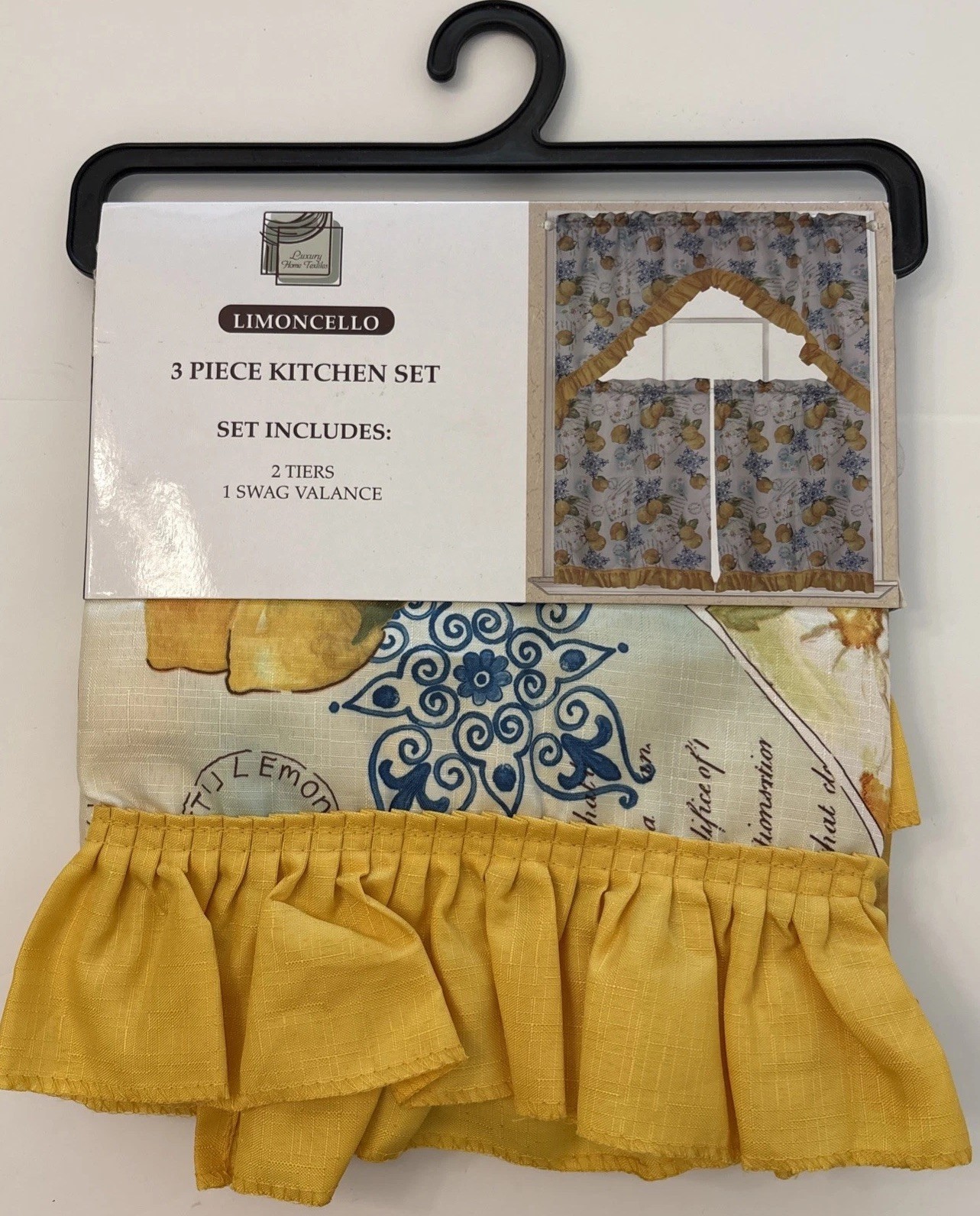 Luxury Home Textiles Limoncello 3pc Kitchen Curtain Set Lemons Valance Tiers NEW