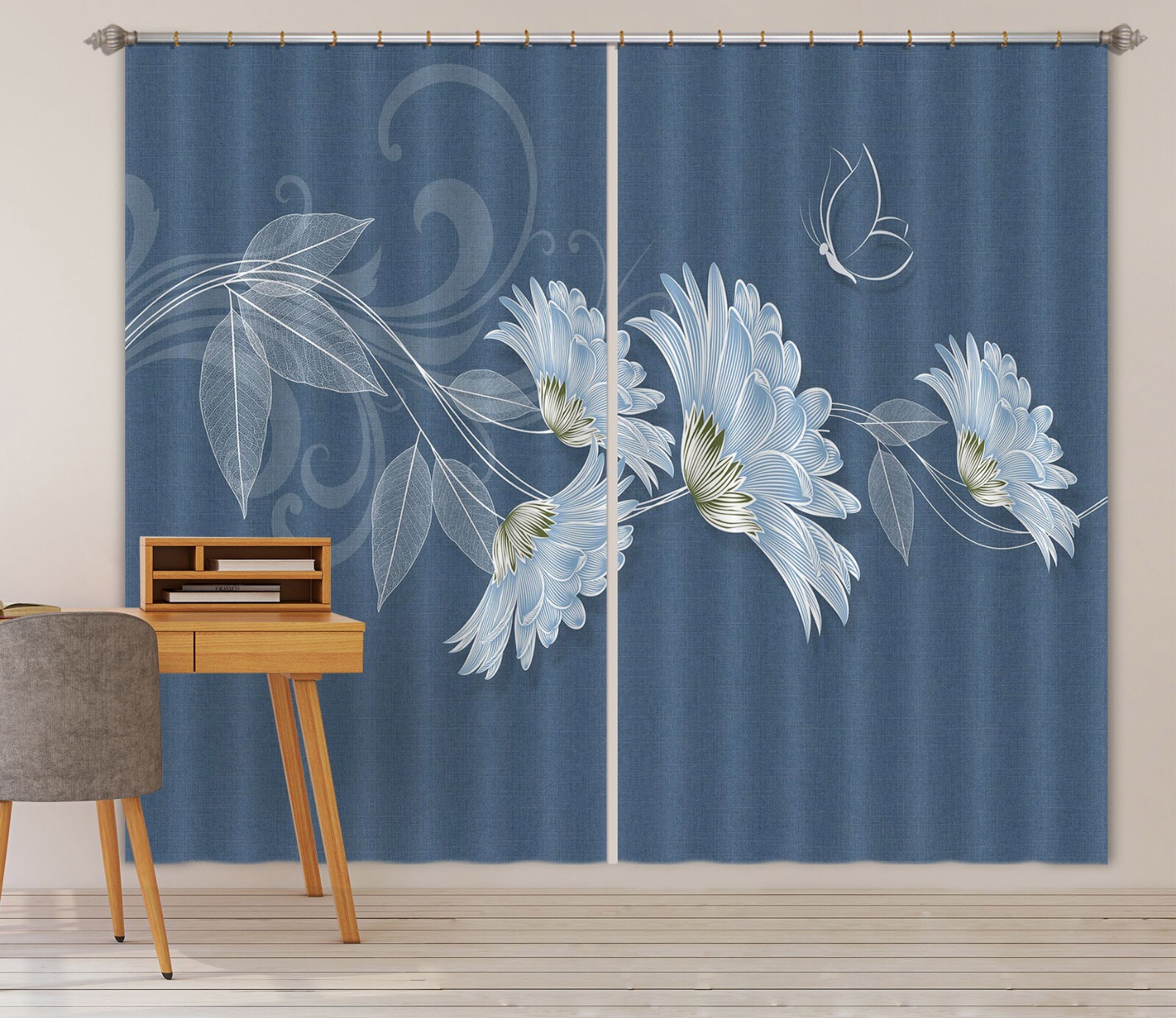 3D Blue Flower Butterfly ZHUA1481 Photo Curtain Window Blockout Fabric Amy 2023
