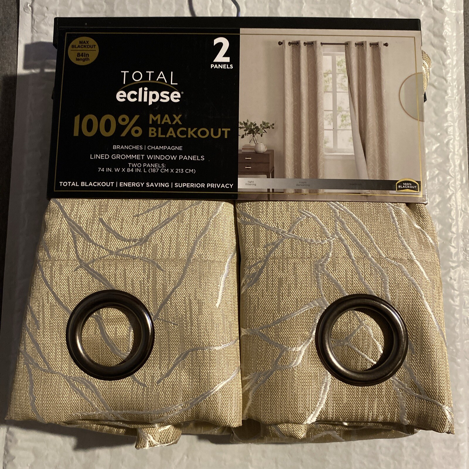 Total Eclipse 100% Max Blackout Branches/Champagne Lines Grommet Window Panels