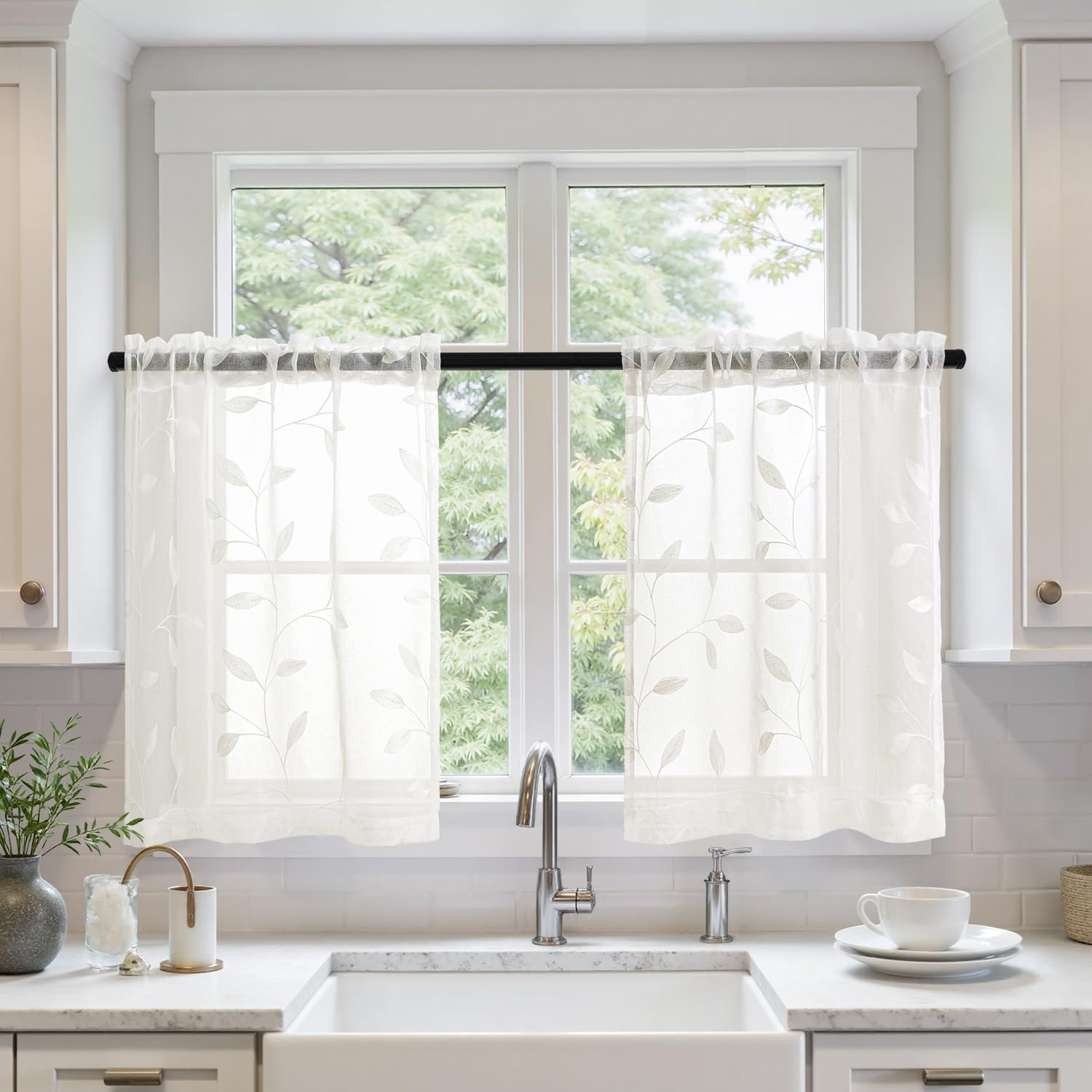 MIULEE Ivory Sheer Kitchen Curtains 30×36 Inches Length 2 Panels Embroidered Lea