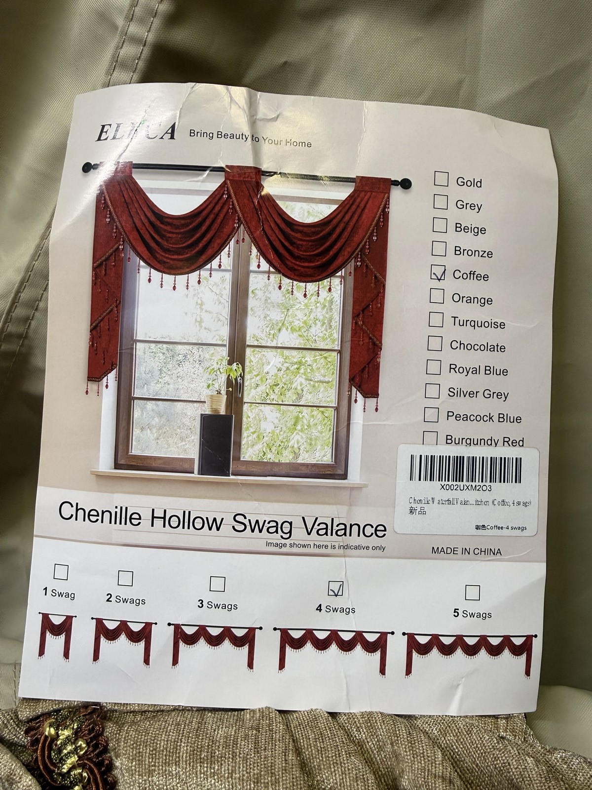 ELKCA Coffee Chenille Waterfall Valance 4 Hollow Swags Rod Pocket Panel