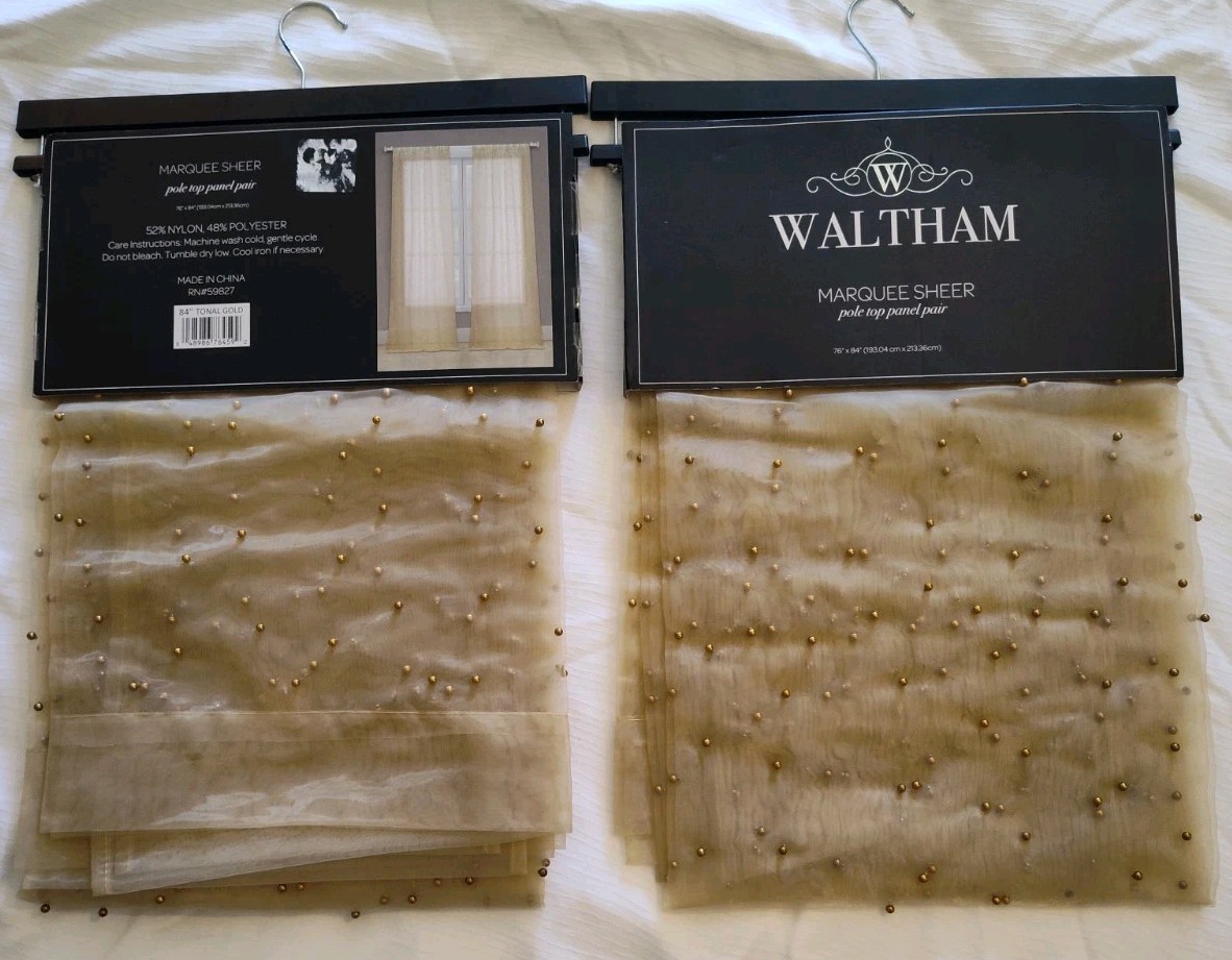4pn New Tonal Gold Beaded Sheers Drapes Laura Ashley/ Waltham Marquee 76×84″