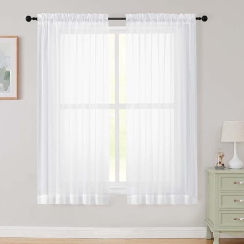 Sheer Curtains 63 Inch Length 2 Panels Set for 42″W x 63″L (Pack of 2) White