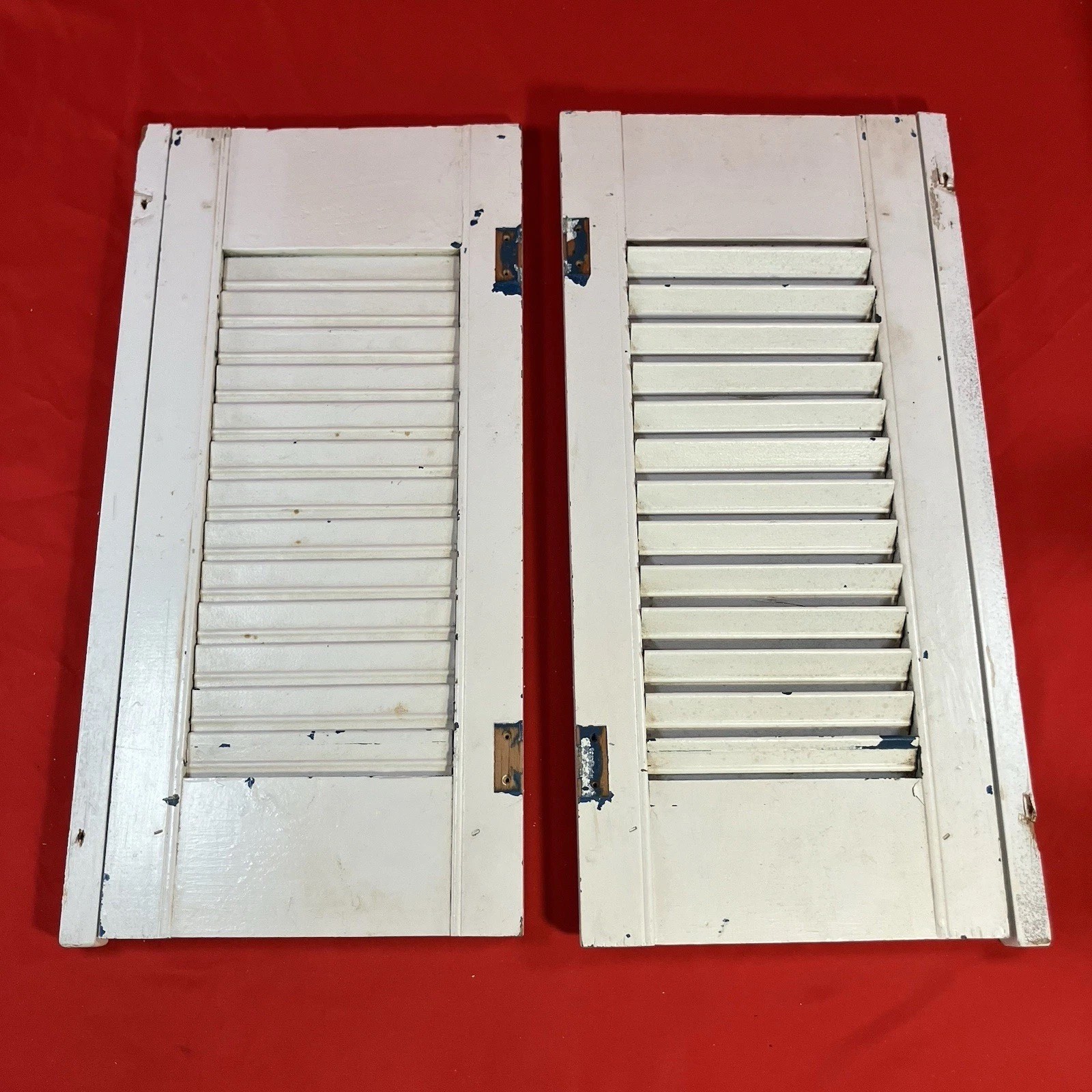 Vintage Wood Louvered Panel Window Shutters / Painted White Rustic / Flaws No 5