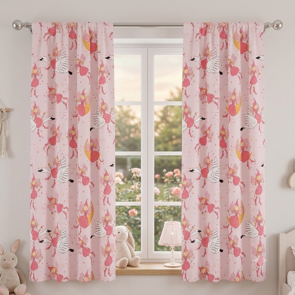 Ambesonne Fairy Swan Moon Pink Microfiber Window Curtains 2 Panel Set 56×84