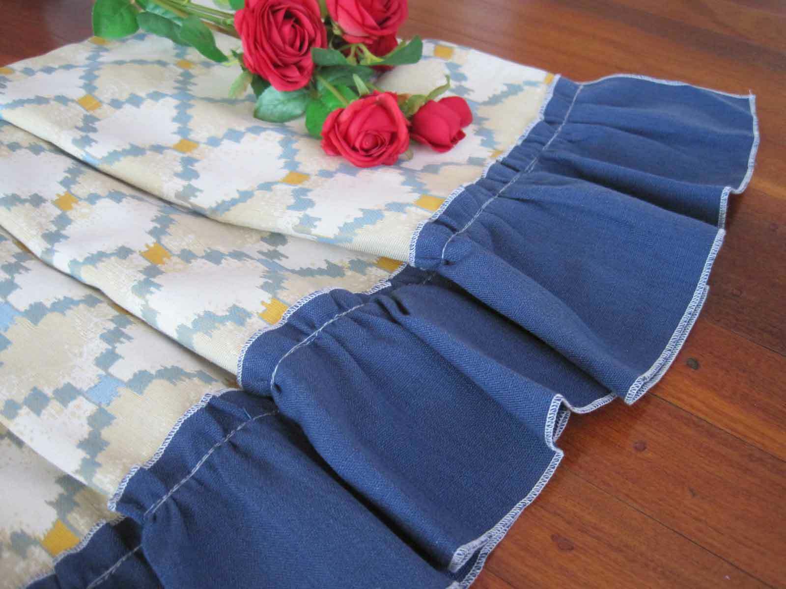 Euro Style Chic Diamond Design Elegant Wide Blue Frill Border Café Curtain