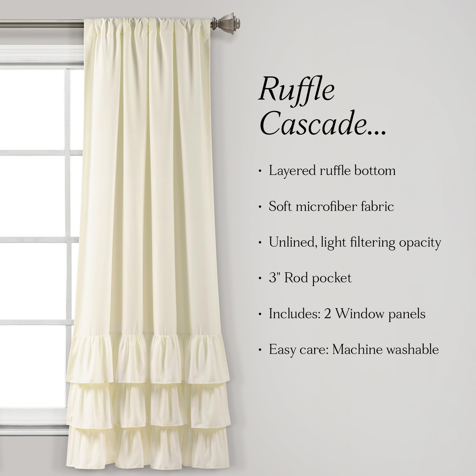 Allison Ruffle Light Filtering Window Curtain Panels Pair 40″ W x 63″ L Ivory…