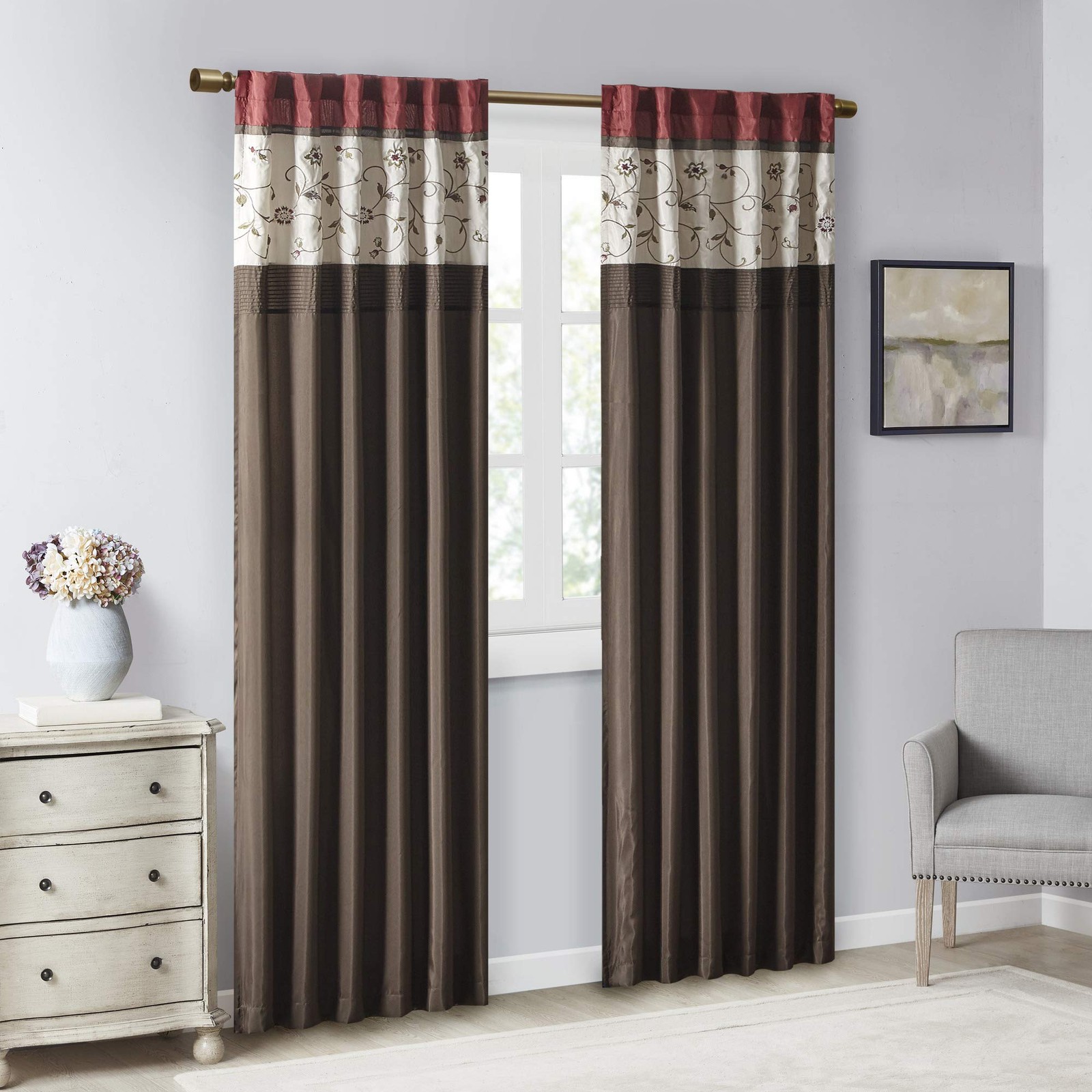 Madison Park Curtain Panel 50×84″ Red Floral Embroidery Rod Pocket Single Drape