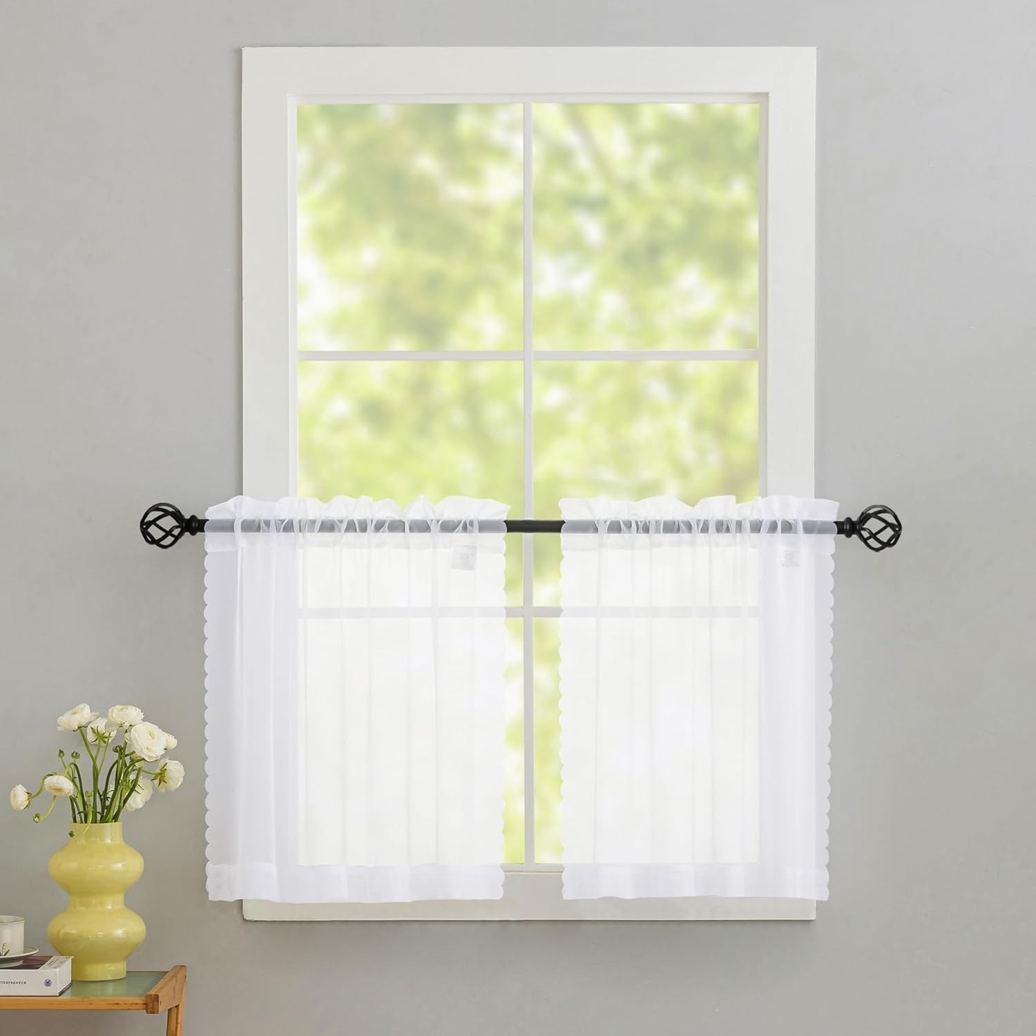 Sheer White Kitchen Tier Curtains 24 Inch 30″W x 24″L (Pack of 2) White-voile