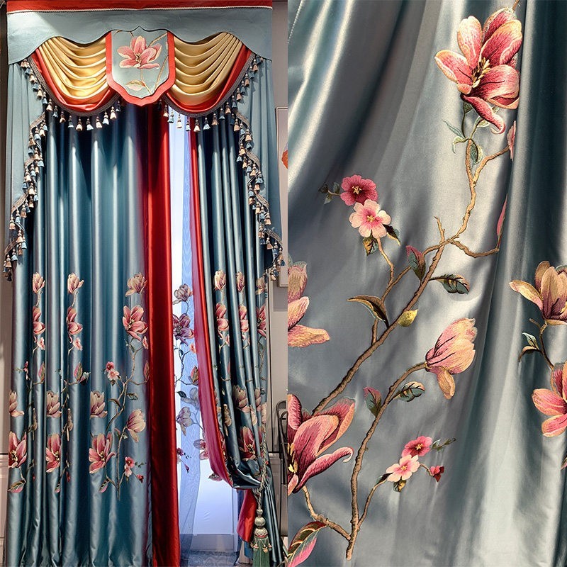 classical custom embroidery European valance blue window curtain tulle M1874