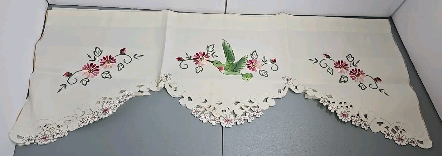 2 Embroidered Hummingbird Window Valance Spring Blooms Birds Valance 40″L×14″