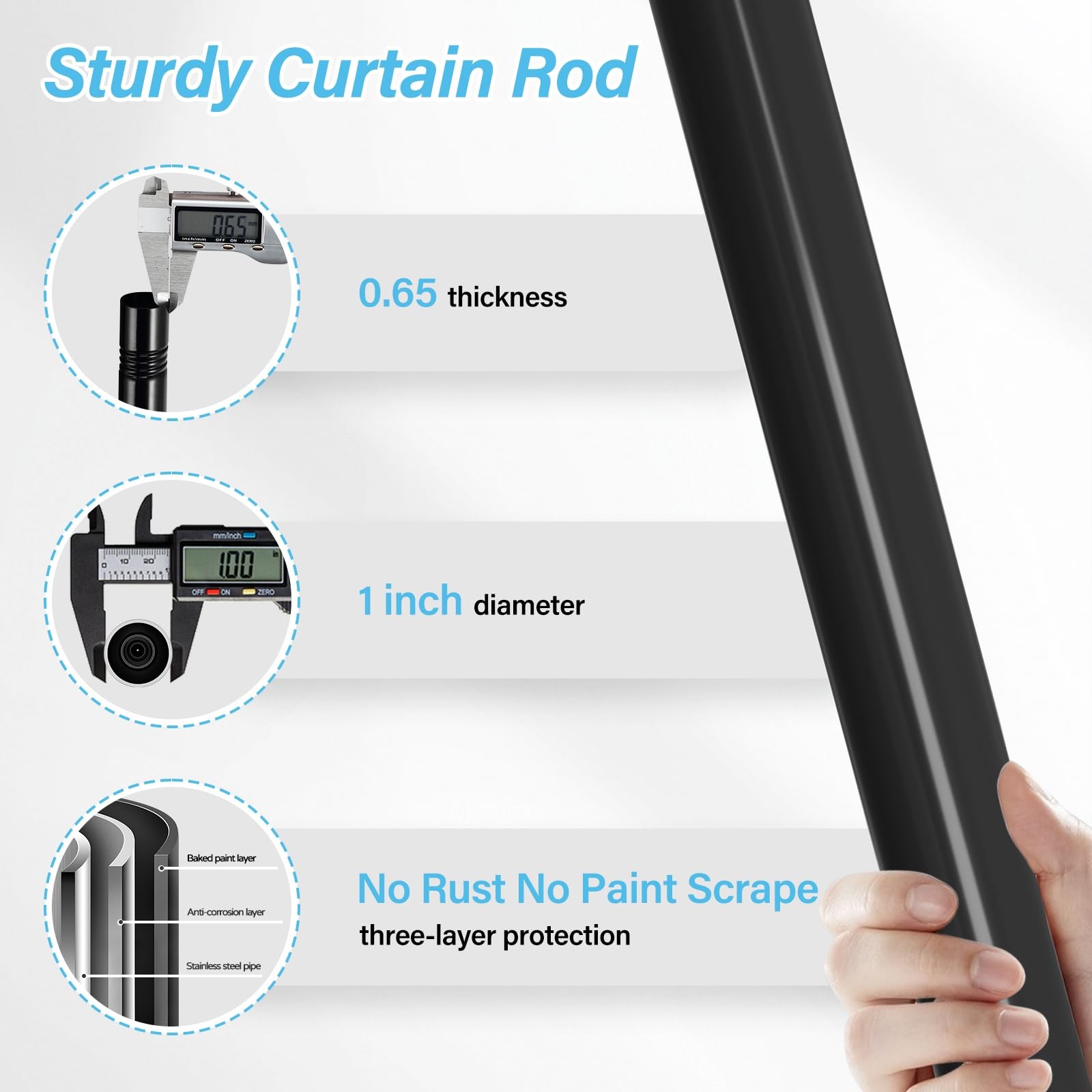 Black Curtain Rods for Windows 30-60″ – 1 inch Modern 30″-68″,