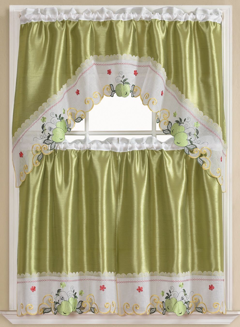 Kitchen Curtains 3 Pc. Set with Attached Valance Tier and Swag Set Red Brown