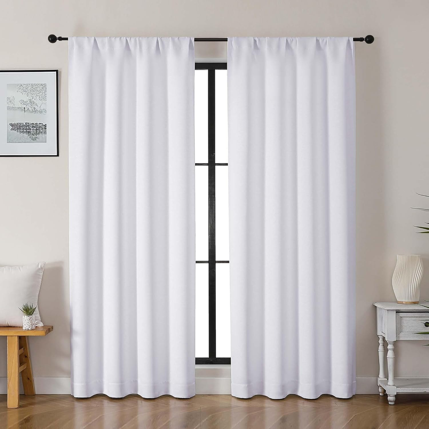 Pura White Curtains 72 Inches Long, Light Filtering Thermal Insulated Noise Redu