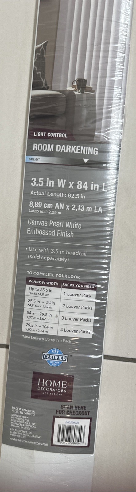 3- 9 Pack Room Darkening Vertical Louvers 3.5″W x 44.5”L Canvas Pearl White