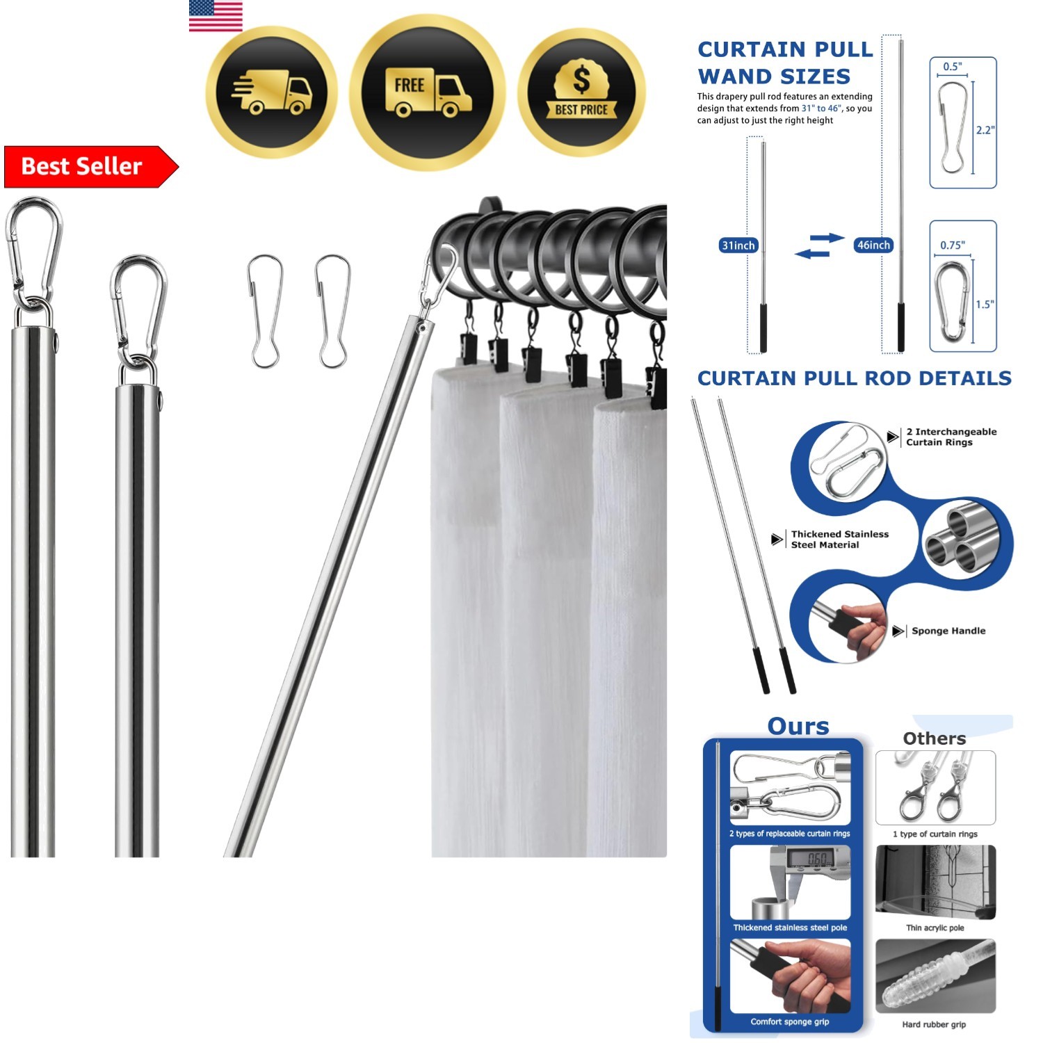 Curtain Pull Wand Drapery Rod 2 Pack Adjustable Stainless Steel Silver