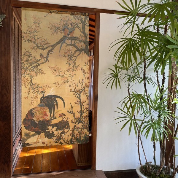 Japanese Traditional Art Noren – Ito Jakuchu “Flowers and Two Chickens” interior